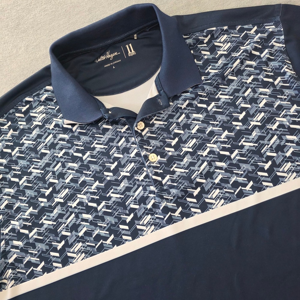 Walter Hagen Mens 11 Majors Golf Polo Shirt Navy Blue Geometric Print Large